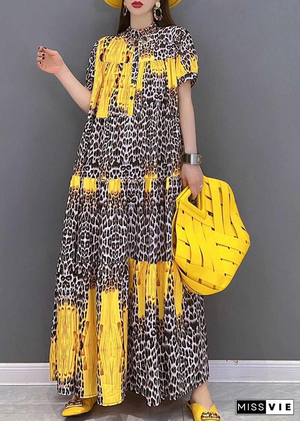 Yellow Print Patchwork Long Dress Short Sleeve