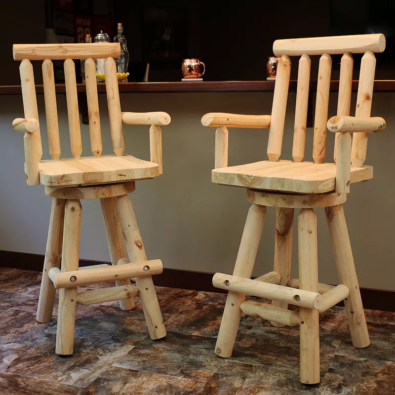 Sunnydaze Rustic Log Style Unfinished Fir Wood Indoor Bar Stool - Set of 2