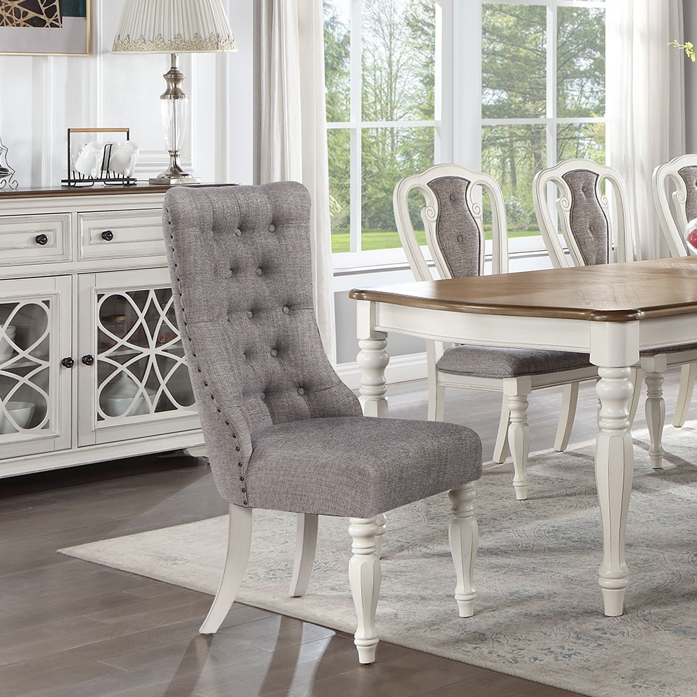 Acme Florian SIDE CHAIR (SET 2) Gray Fabric   Antique White Finish