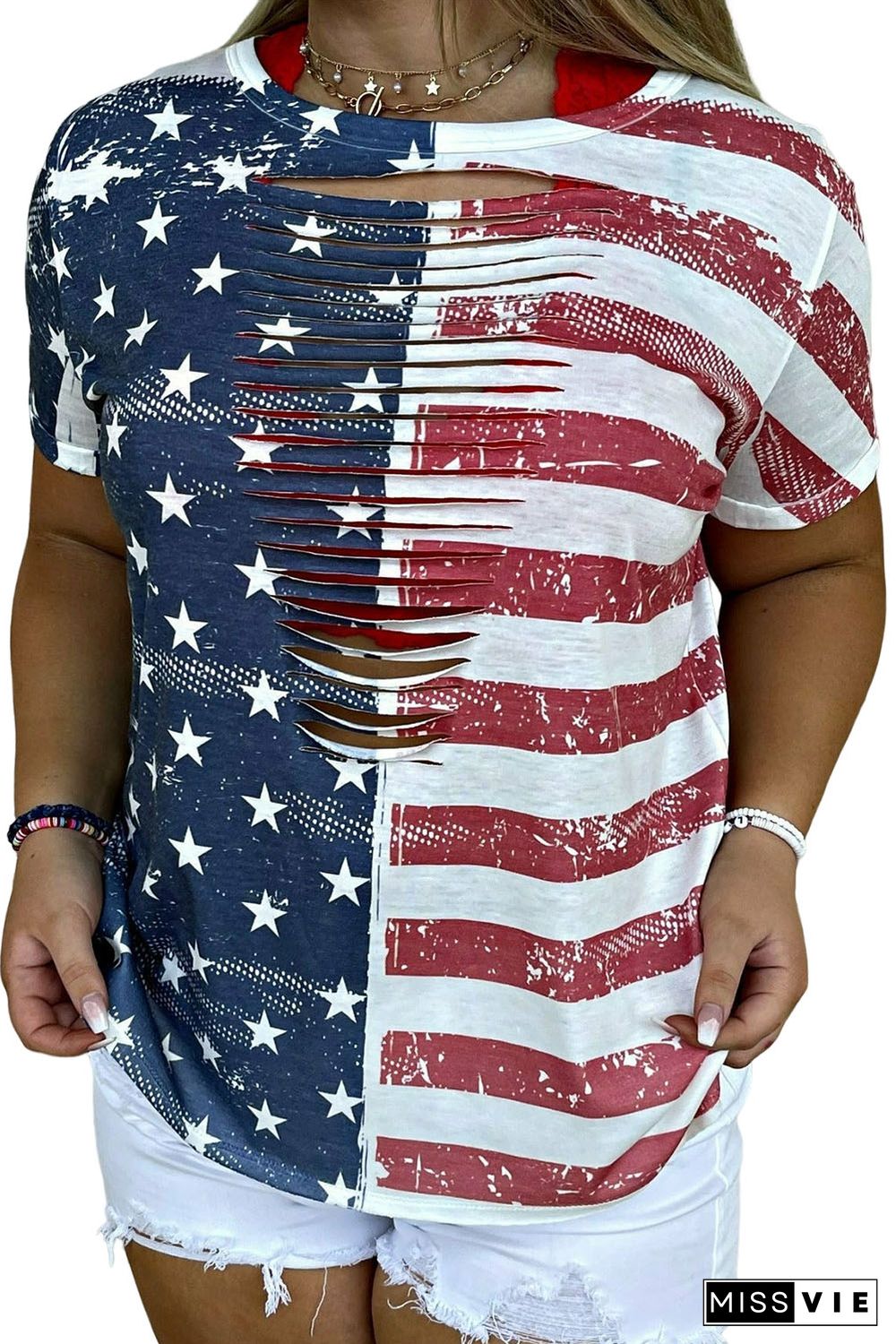 Multicolor Plus Size Laser Cut USA Flag Printed T-shirt