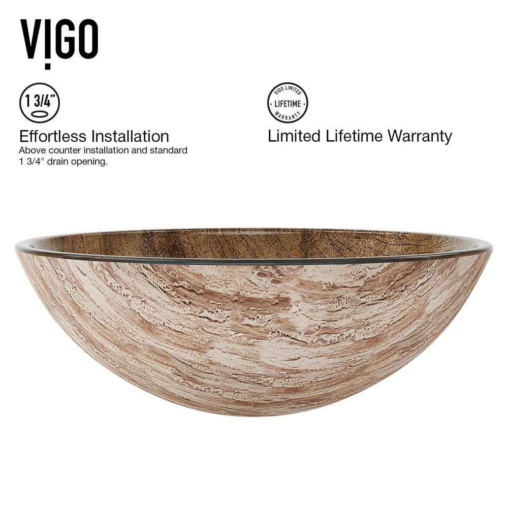 VIGO Glass Round Vessel Bathroom Sink in Wooden Brown with Seville Faucet and Pop-Up Drain in Oil Rubbed Bronze VGT172