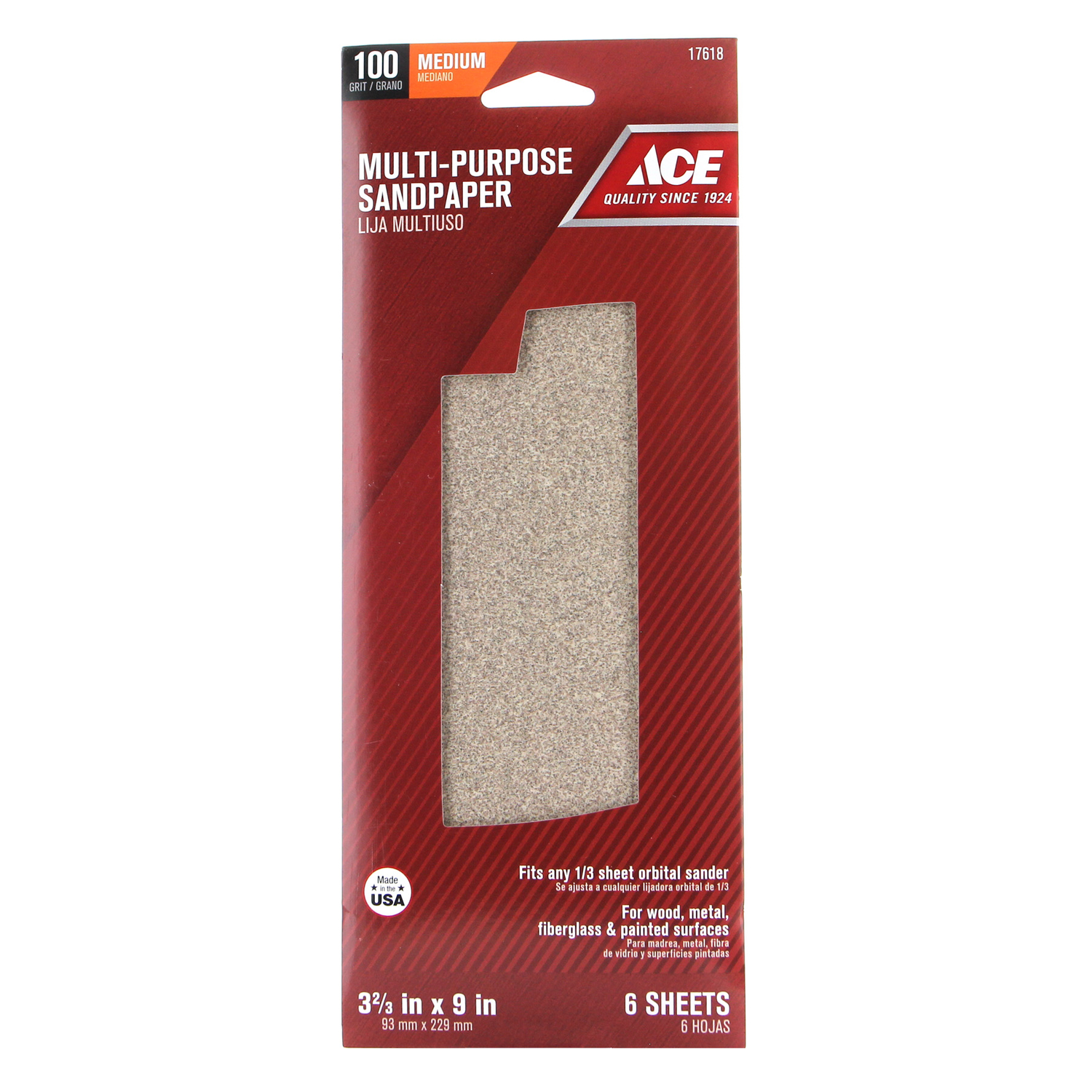 Ace 9 in. L X 3-2/3 in. W 100 Grit Aluminum Oxide Sandpaper 6 pk