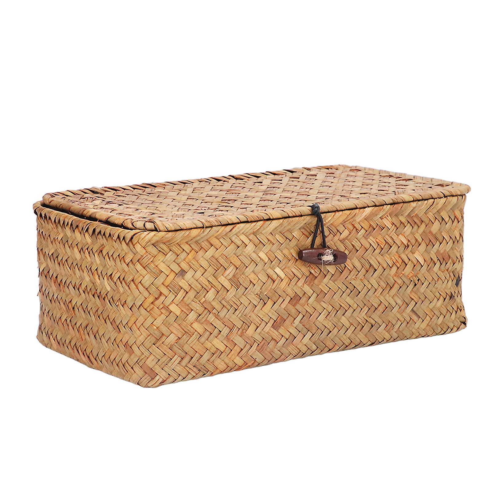 Natural Seagrass Storage Basket Woven Rectangular Shelf Basket Bins with Lids Desktop OrganizerM