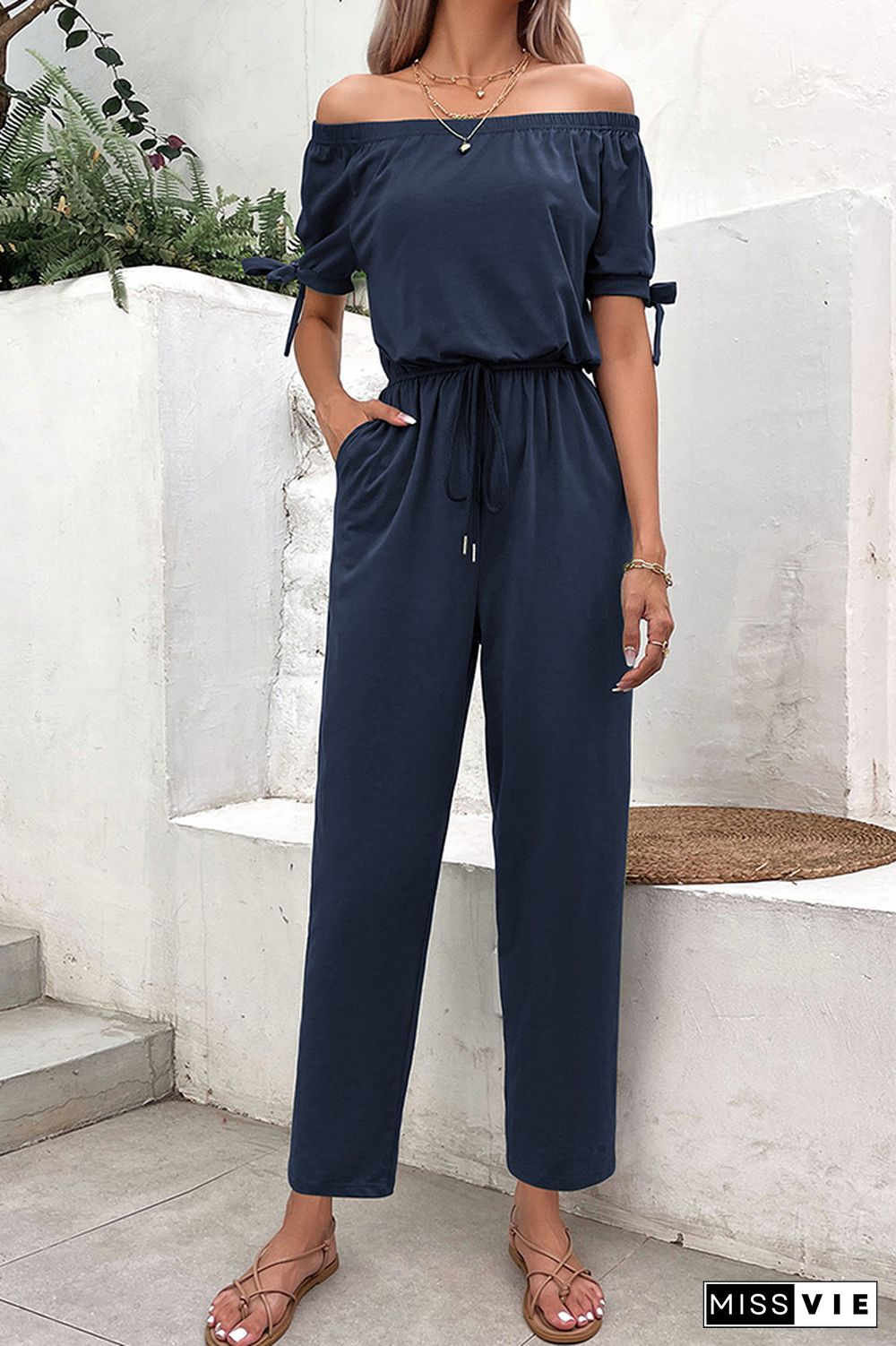 Plain Off Shoulder Drawstring Jumpsuit