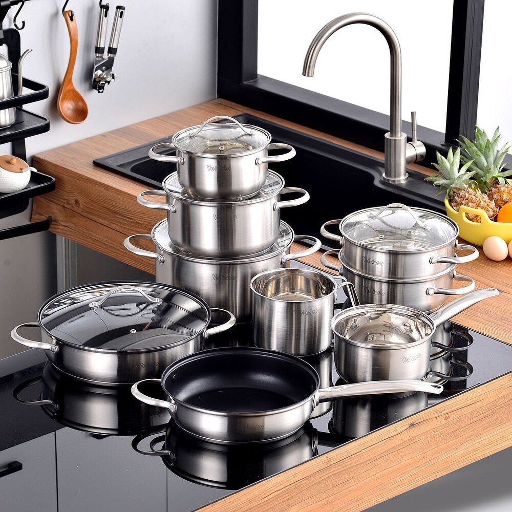 Velaze Miki Stainless Steel Induction Safe Cookware Set Wint Glass Lip