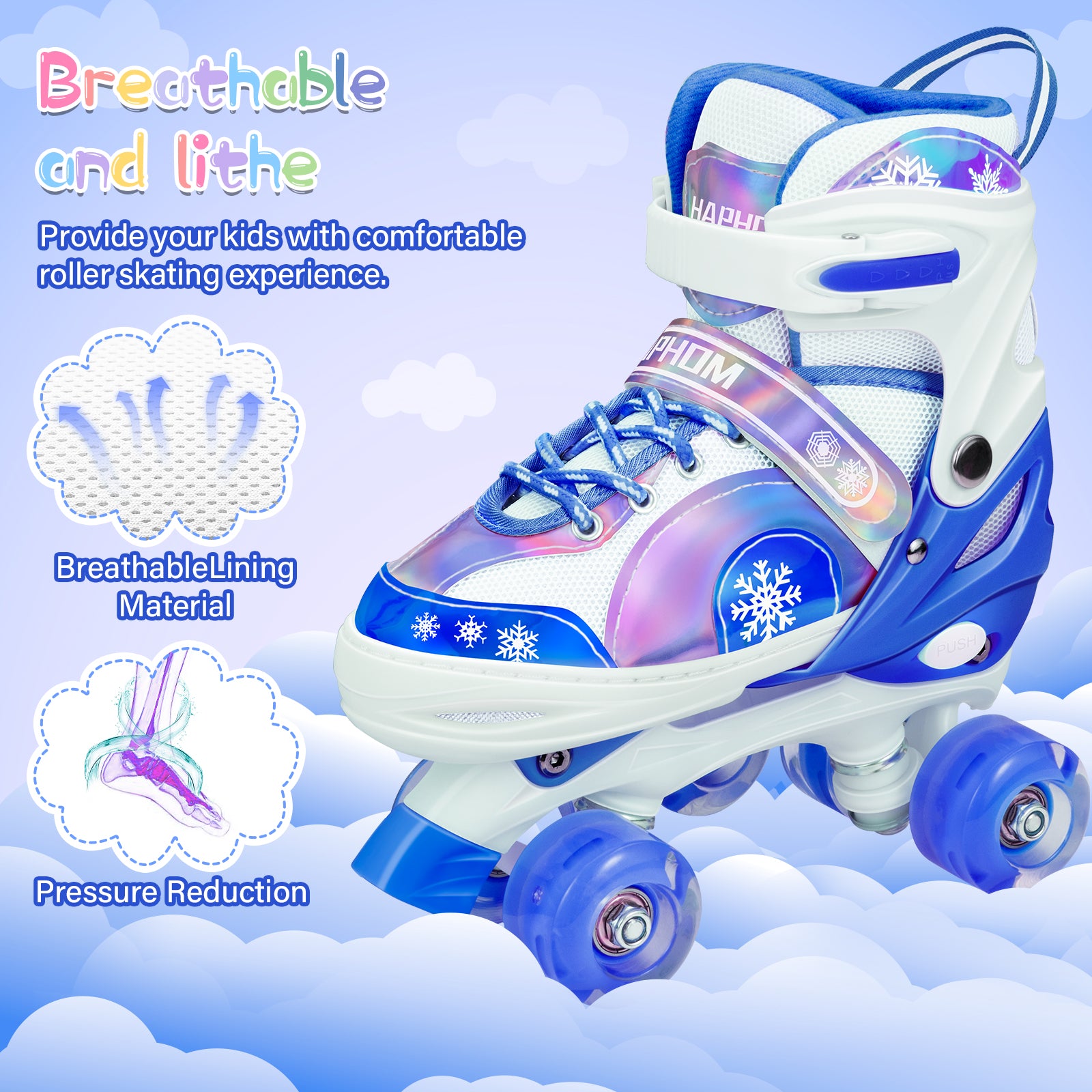 Roller Skates for Girls/Boys Size (S:10.5-13.5 / M:1-4)， Kids skates ages 4-12 with Light up wheels， Adjustable Kids Roller Skates (Blue)