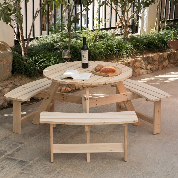 Gardenisedwooden Outdoor Round Picnic Table With Bench For Patio 6 Person With Umbrella Hole