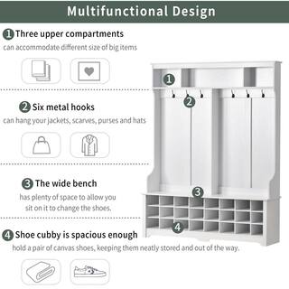 Seafuloy 77.1 in. H White Multiple Functions Hallway Coat Rack with Metal Black Hooks and 24-Shoe Cubbies C-WF286983AAK