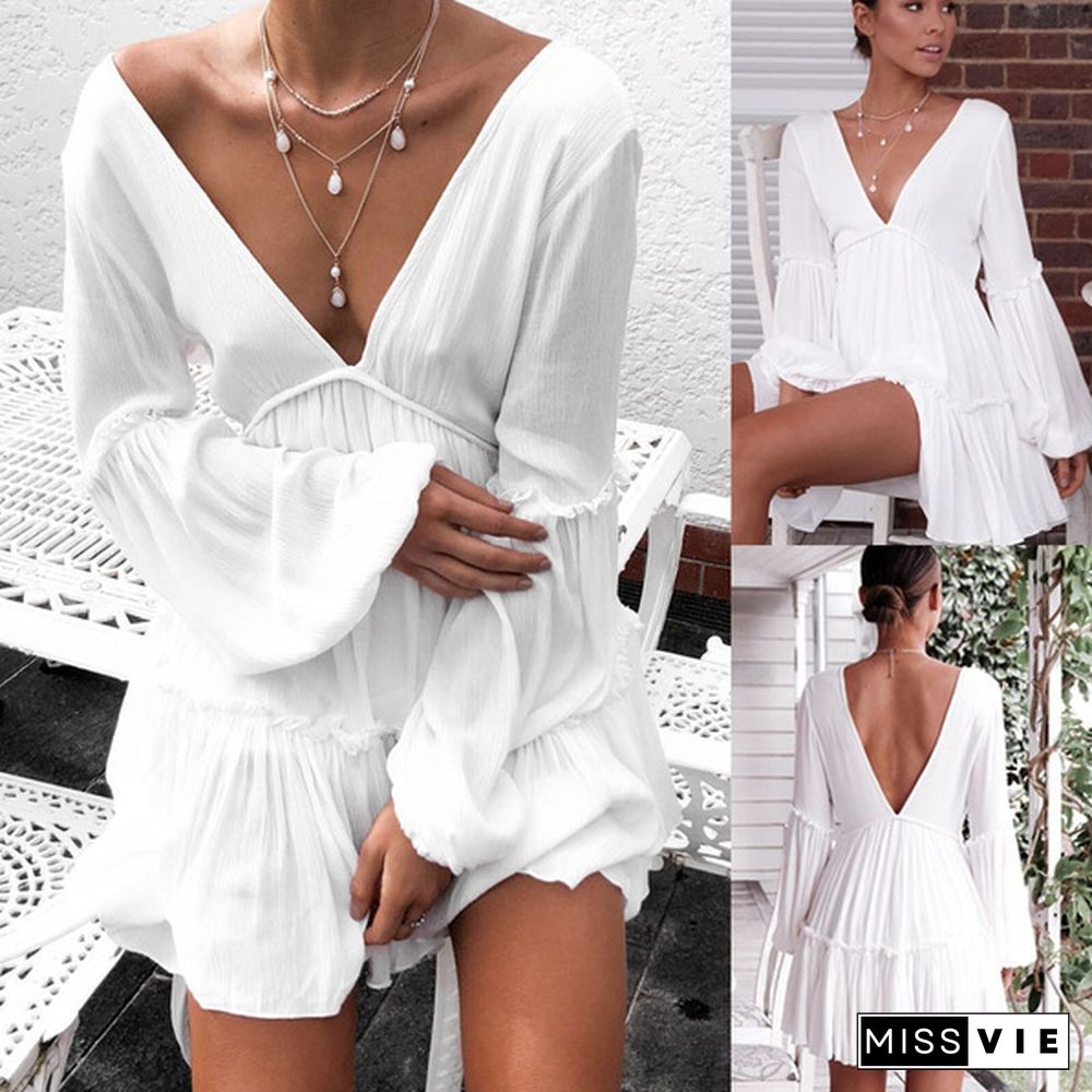 Women Fashion Deep V-neck Long Sleeve Dress Backless White Dress Casual Beach Mini Dress