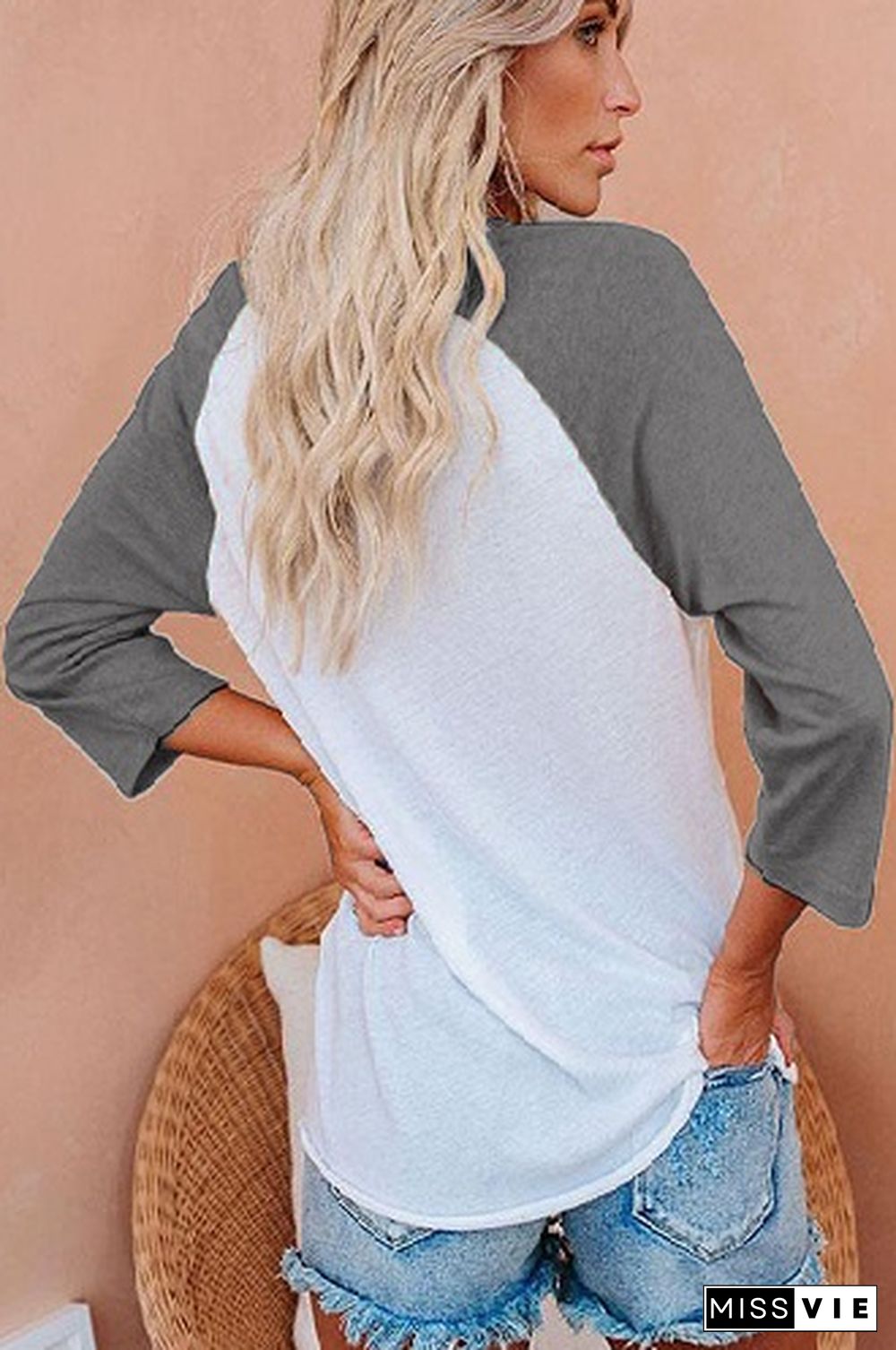 Grey Christmas Print Crew Neck Three-quarter Sleeve T-shirt