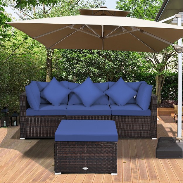 Costway 4pcs Patio Rattan Furniture Set Sofa Ottoman Cushion Garden Deck Navy