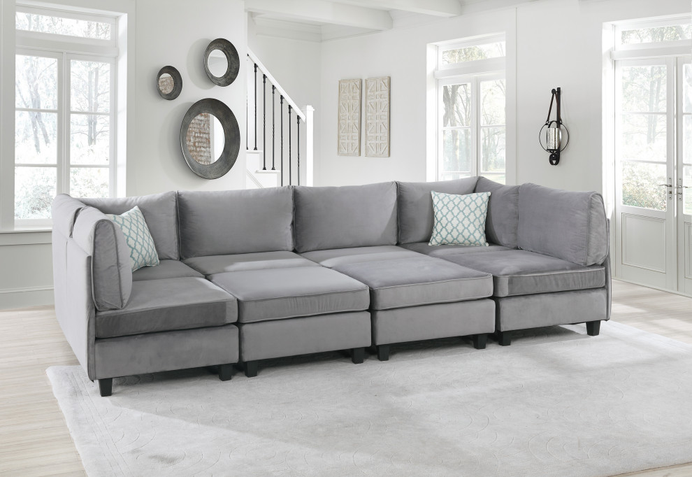 Zelmira Gray Velvet 8 Piece Modular Sectional Sofa  Corner Couch With Ottoman   Transitional   Sectional Sofas   by Lilola Home  Houzz