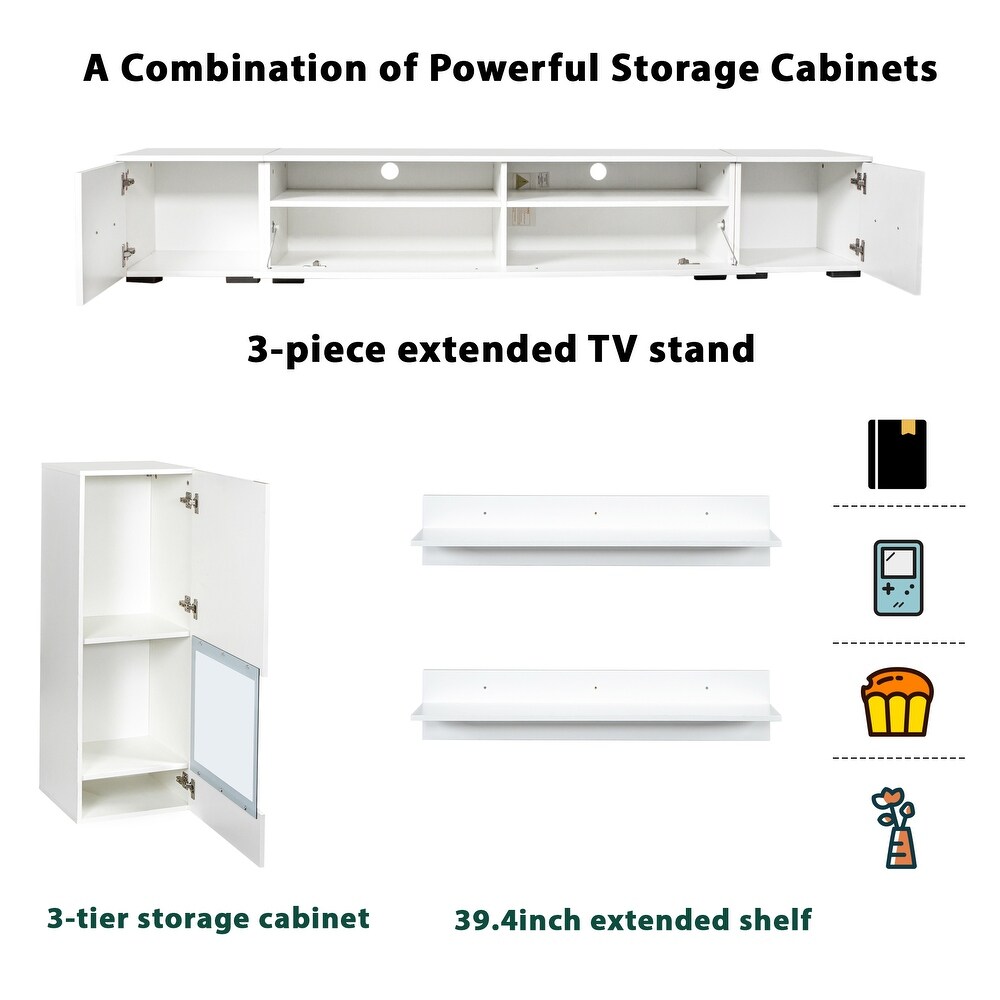 Modern TV Stand with LED Light 7 Pieces Floating TV Stand Set High Gloss Wall Mounted Entertainment Center for 90\