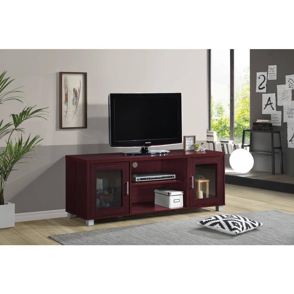 HODEDAH 57 in. Wide Mahogany Entertainment Center Fits TV's up to 60 in. HITV107 MAHOGANY