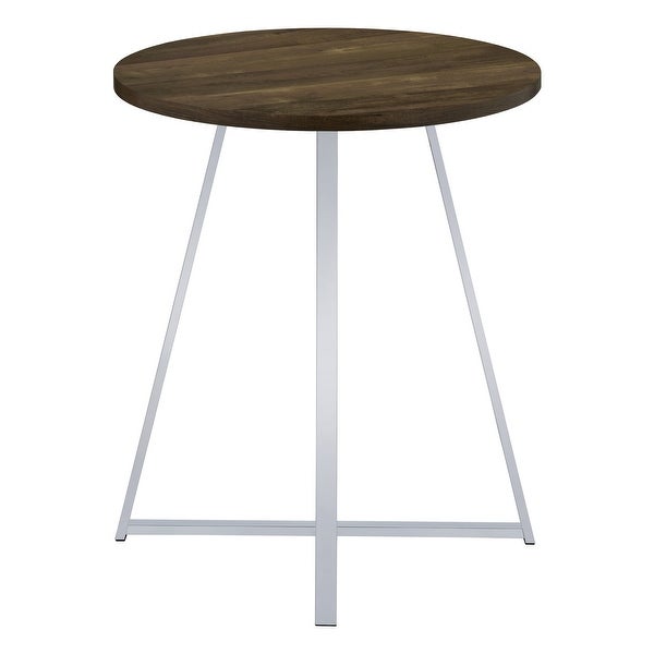 43 Inch Tall Modern Bar Table， Brown Round Top， Polished Chrome Flared Legs