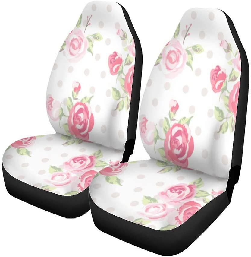 Set Of 2 Car Seat Covers Pink Floral Cute Vintage Rose Flower Pattern Dots Green Universal Auto Front Seats Protector Fits