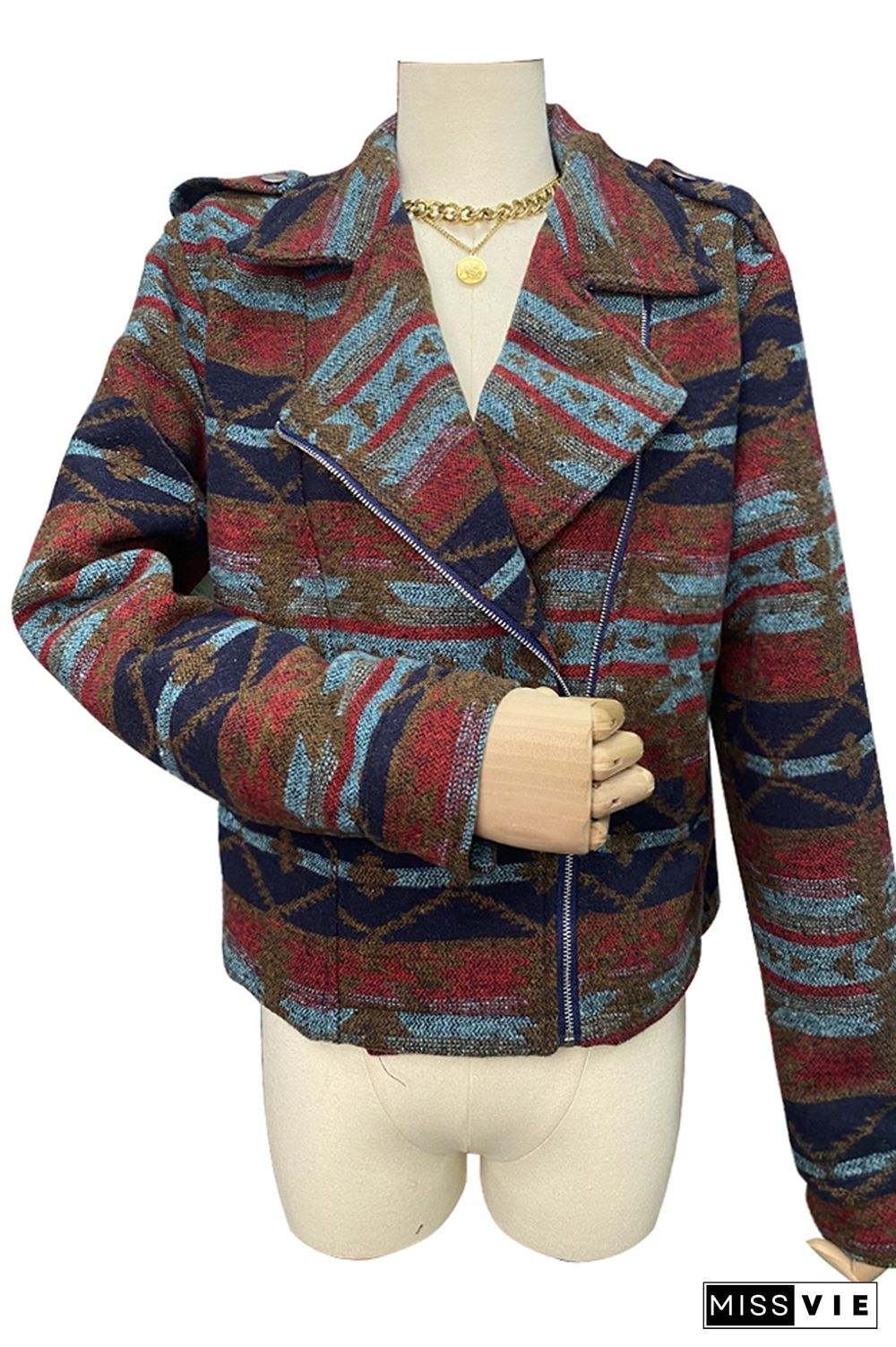 Aztec Print Lapel Pockets Short Jacket Coat