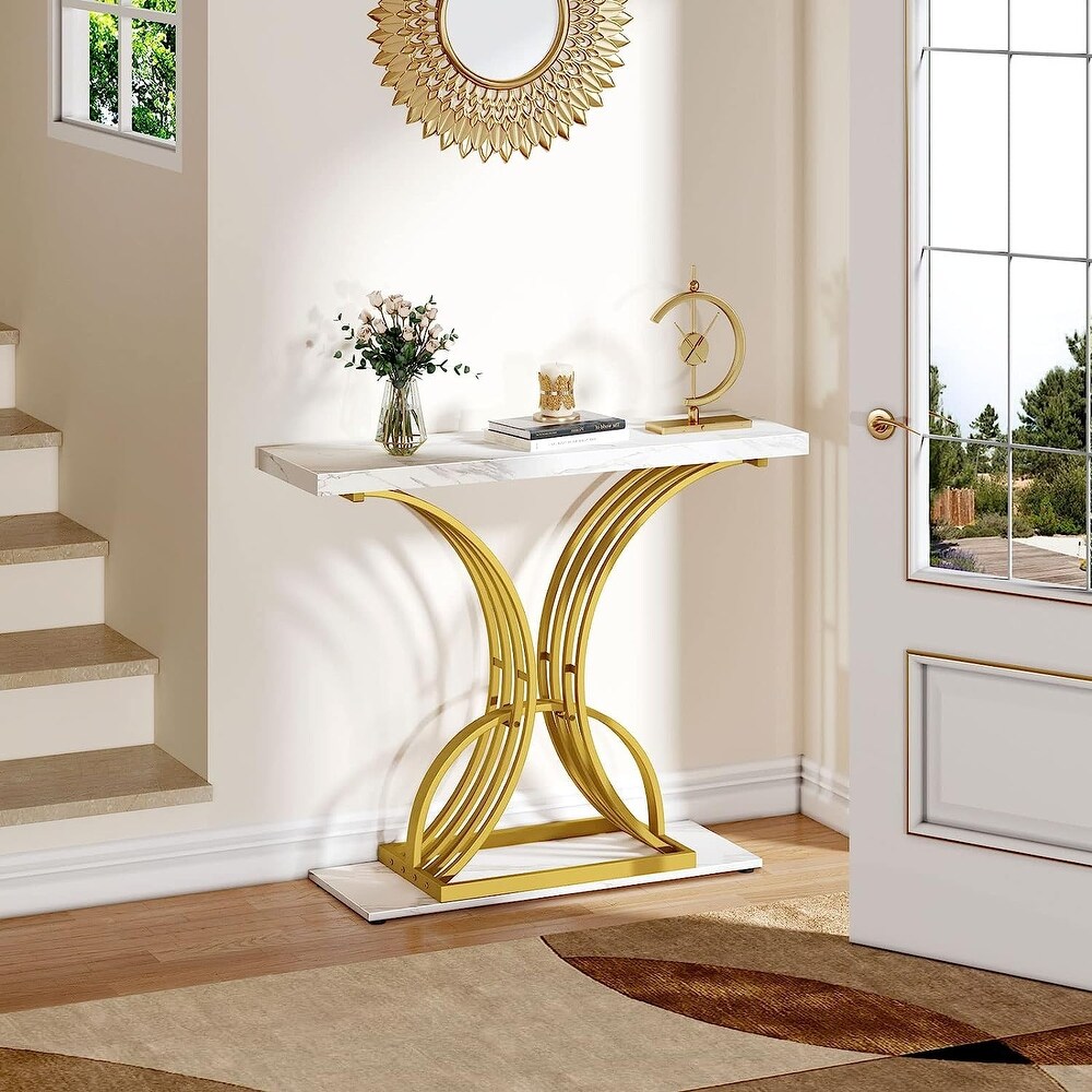 Modern Gold Console Sofa Table with Marbling Top for Entryway Hallway