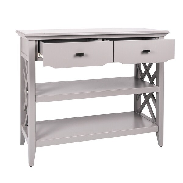 Grey Two-Drawer Console Table with Shelves