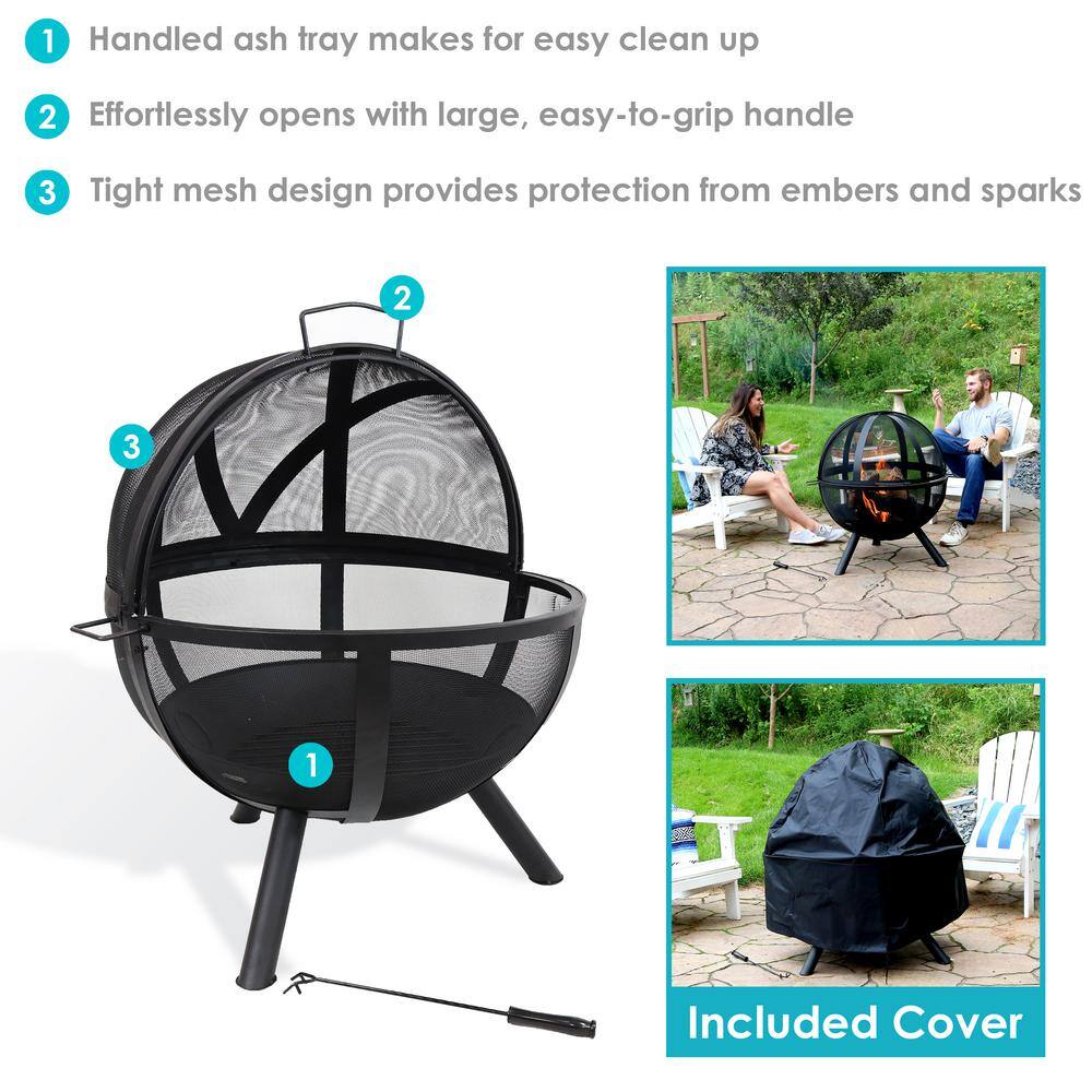 Sunnydaze Decor Flaming Ball 30 in. x 36 in. Round Steel Wood Burning Fire Pit in Black with Cover KF-FBB