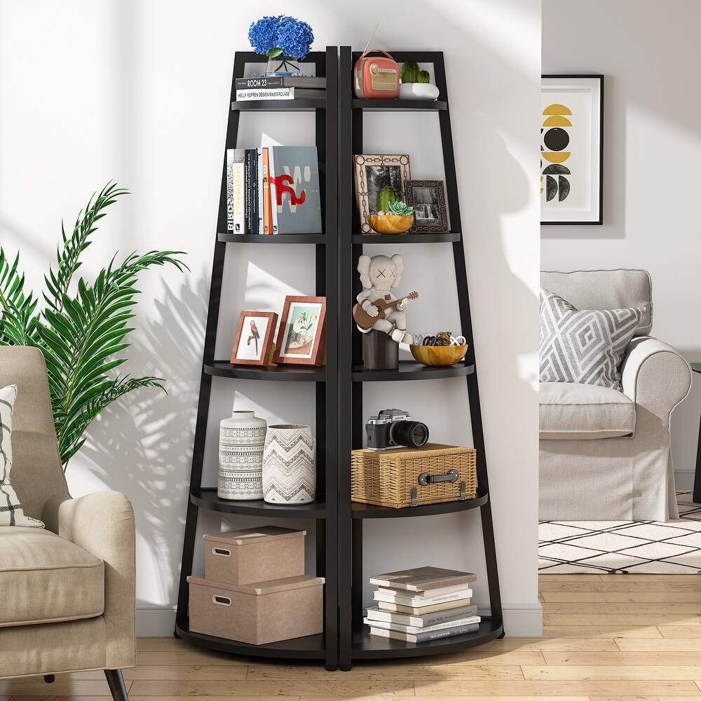 Brown/ Black Corner Ladder Shelf 5 Tier Corner Bookshelf Bookcase  White/ Gold 70 Inch Tall Display Rack for Small Space