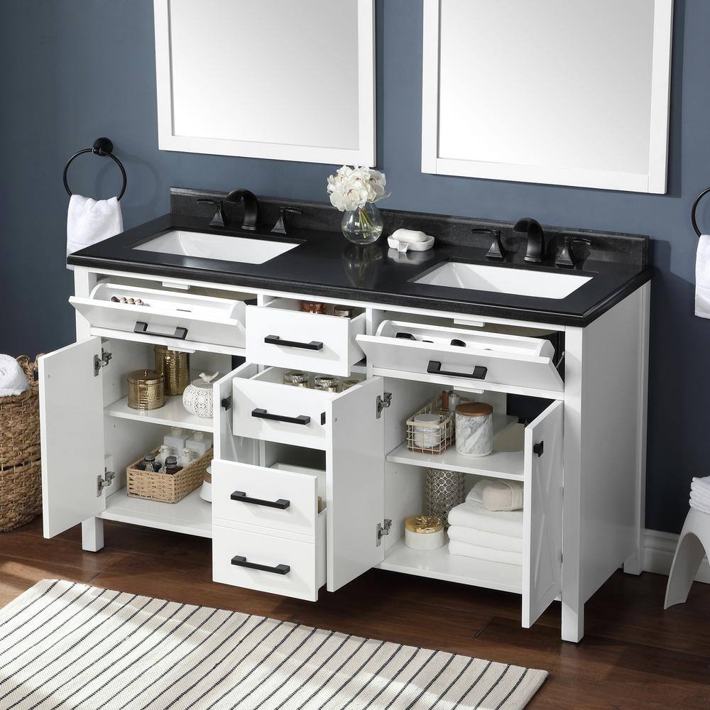 Home Decorators Collection Ainsley 60 in. W x 22 in. D x 34.5 in. H Double Sink Bath Vanity in White with Black Granite Top Ainsley 60W-B