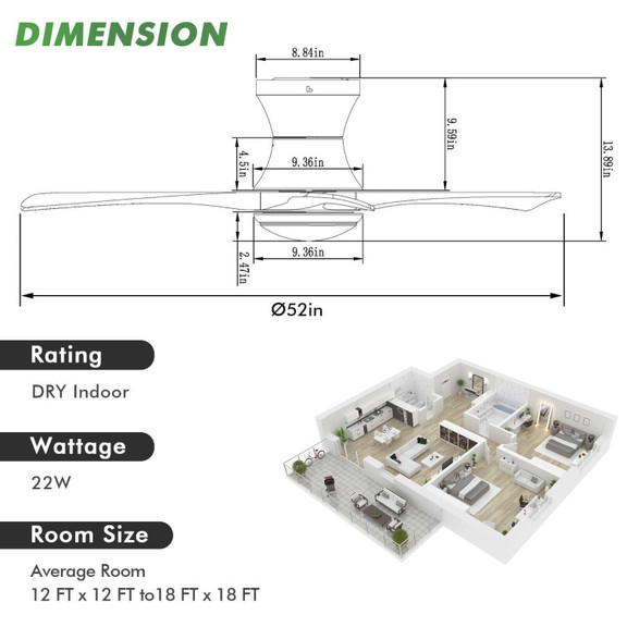 Costway 69834751 52 Inch Flush Mount Ceiling Fan w...