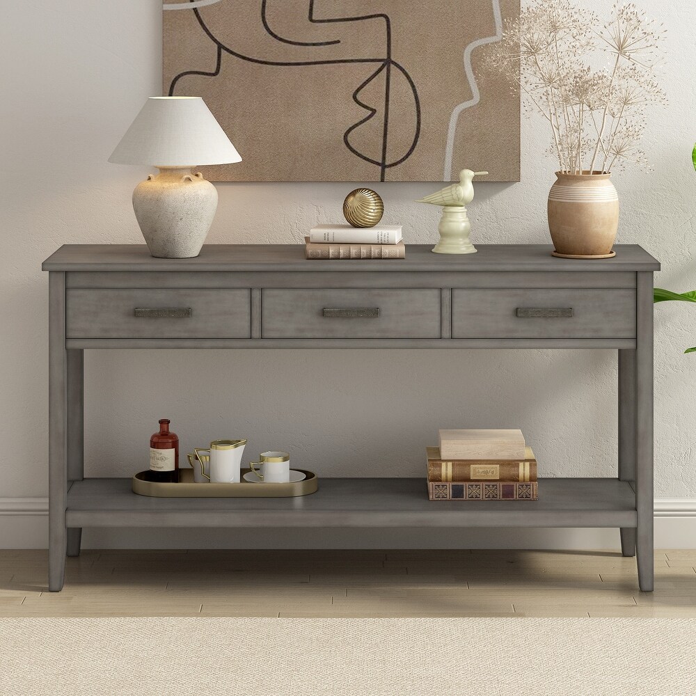 3 Drawer Console Table with Storage Shelf  Pine Wood Entryway Sofa Side Table for Hallway/Living Room/Foyer  Gray