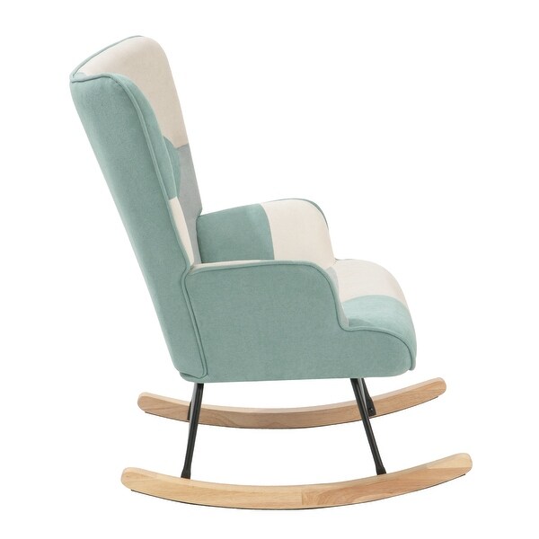 Fabric Rocker Chair with Wood Legs and Patchwork Linen