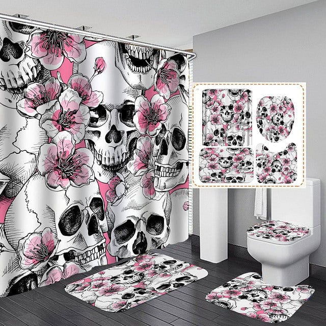 Skull Print Pink Flowers Shower Curtain Set with Bath Mat Carpet Toilet Cover