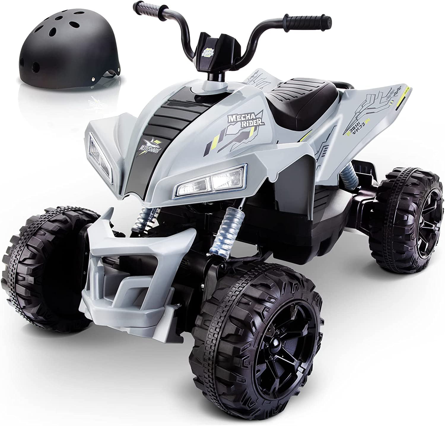 Blitzshark 24V Kids Ride on ATV 4WD Quad 4x75W Powerful 4-Wheeler Super Fast Electric Vehicle, with 10AH Battery, 5MPH Speed, Soft Brake, Full Metal Suspensions & Free Protective Gear, Mecha Rider