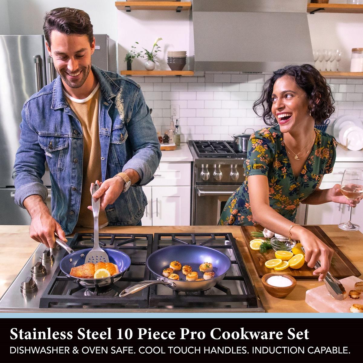 Granitestone Pro Stainless-Steel Pots and Pans Set Nonstick， Tri-Ply Base， 10 Piece Blue Nonstick Cookware Set includes Frying Pans， Stock Pots and Skillets， Dishwasher and Induction Safe， Stay Cool Handles