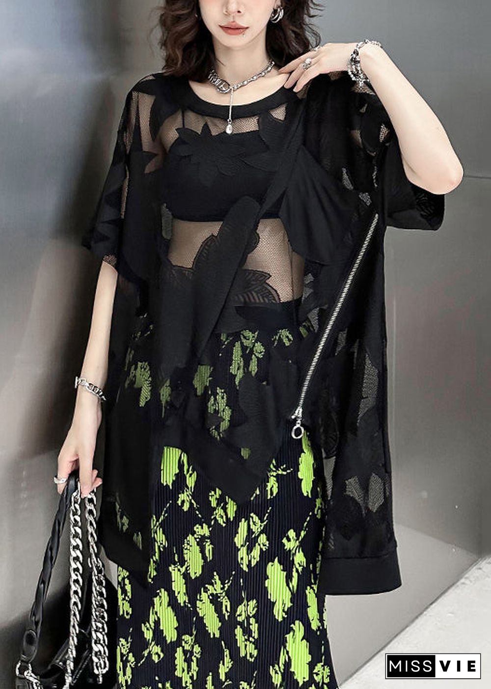 Sexy Black Asymmetrical Embroideried Patchwork Lace T Shirt Summer