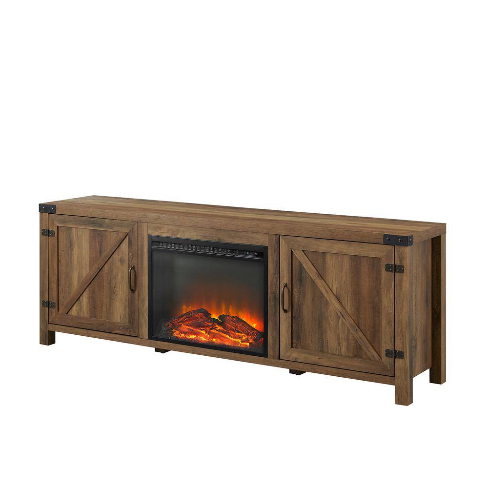 Welwick Designs 70 in. Reclaimed Barnwood Farmhouse Double Barn Door Fireplace TV Stand Fits TVs up to 80 in. HD9176