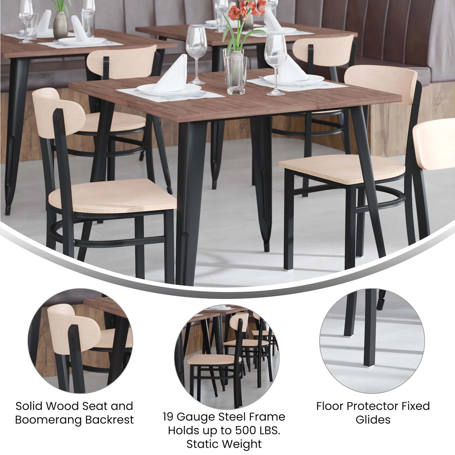 Emma and Oliver Yara Industrial Dining Chair with Rolled Steel Frame and Solid Wood Seat - 500 lbs. Static Weight Capacity