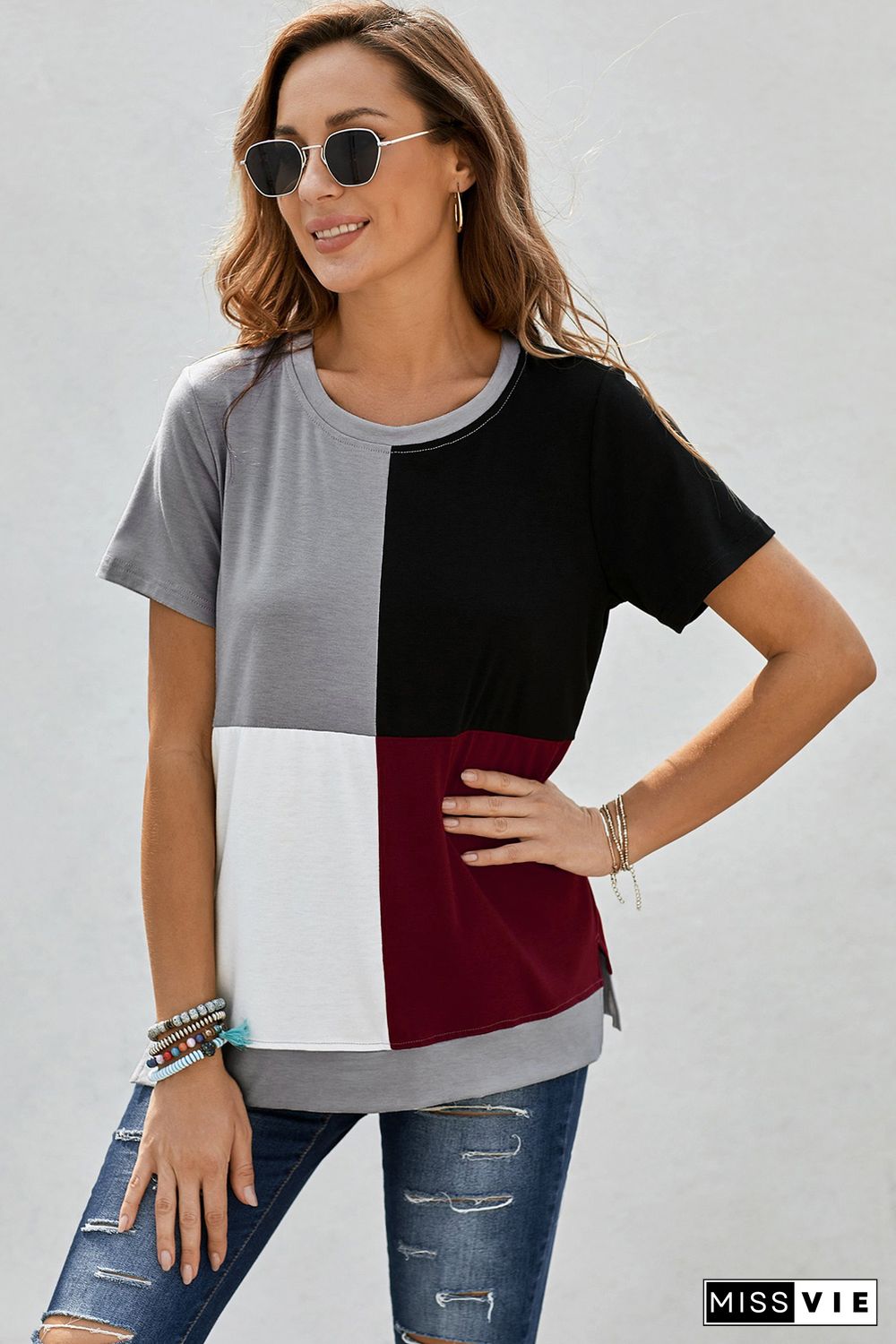 Wine Red Colorblock T-shirt with Slits