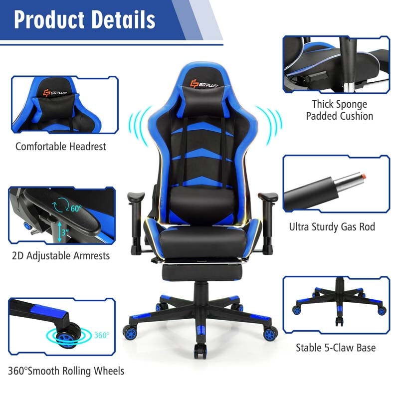 LED Massage Gaming Chair, Height Adjustable Racing Computer Office Chair with Footrest, Ergonomic High Back PU Swivel Game Chair