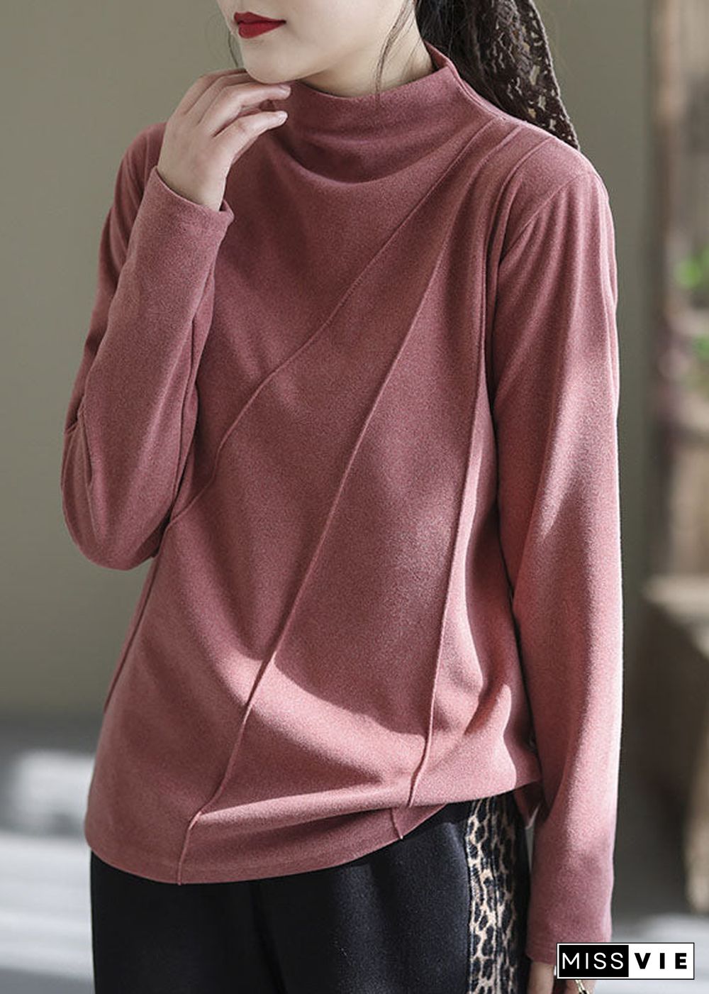 Women Pink High Neck Solid Wrinkled Velour Shirt Winter