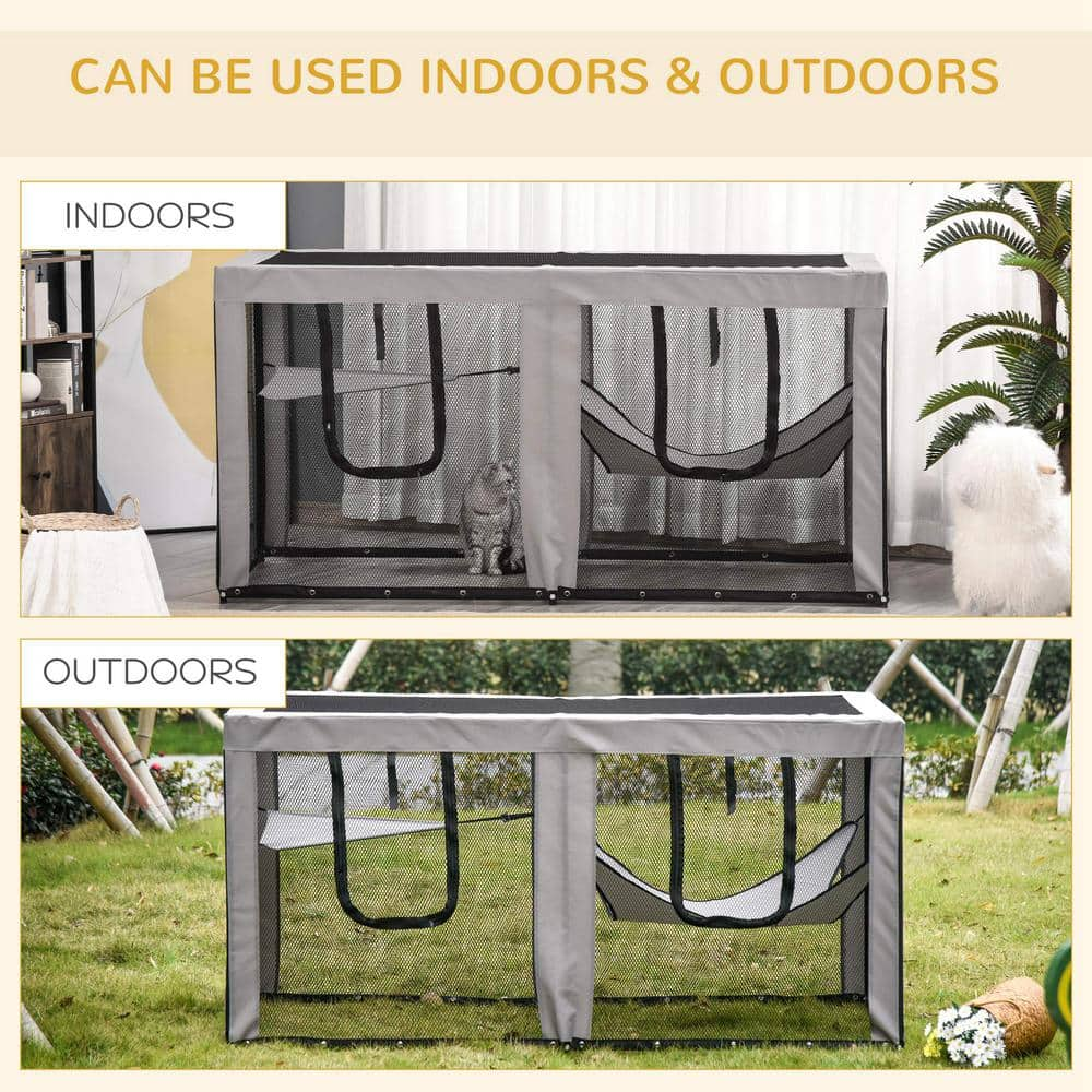 PawHut 76.75 in. L Black & Grey Large Mesh Cat House Kitty Indoor/Outdoor Playpen with 2 Zipper Doors Soft Hammock Pet Bed D32-013