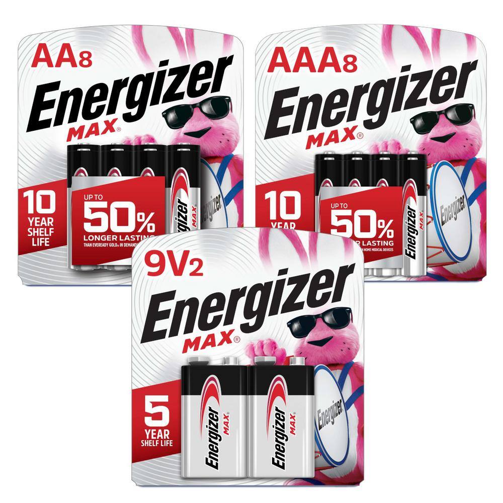 Energizer MAX Battery Bundle with AA Batteries (8-Pack) AAA Batteries (8-Pack) and 9-Volt Batteries (2-Pack) HD-ENRBATT1