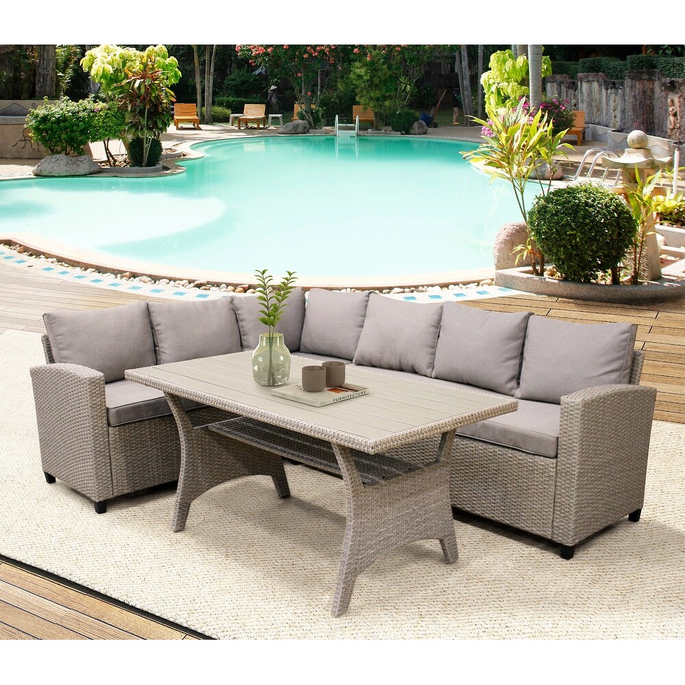 Outdoor Furniture PE Rattan Wicker Conversation Set  Weather Sectional Sofa Set with Table   Soft Cushions