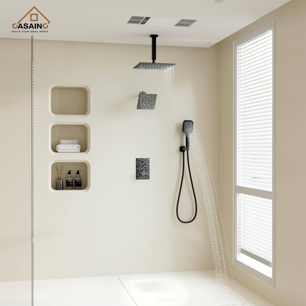 CASAINC 5-Spray 12 in. Thermostatic Dual Shower Heads Ceiling Mount Fixed and Handheld Shower Head 2.5 GPM in Matte Black CS6222-12MB