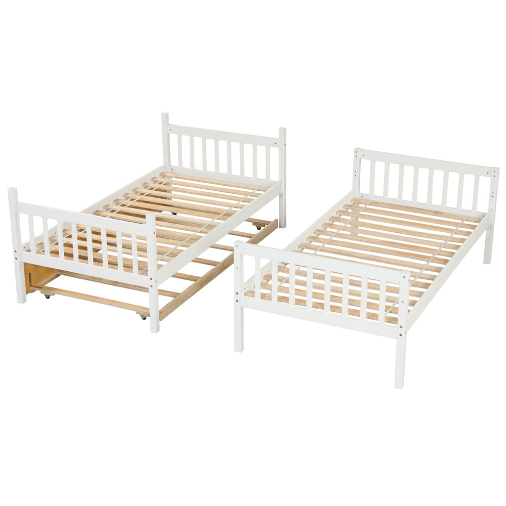 Twin Over Twin Bunk Beds with Trundle, Solid Wood Bed Frame with Safety Rail and Ladder for Kids/Teens Bedroom, Guest Room Furniture, White