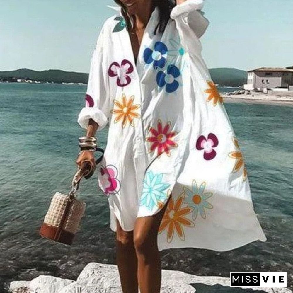 New Fall Summer Women V Neck Button Print Dress Casual Elegant Long Sleeves Irregular Shirt Dress Loose Sexy Beach Party Dresses