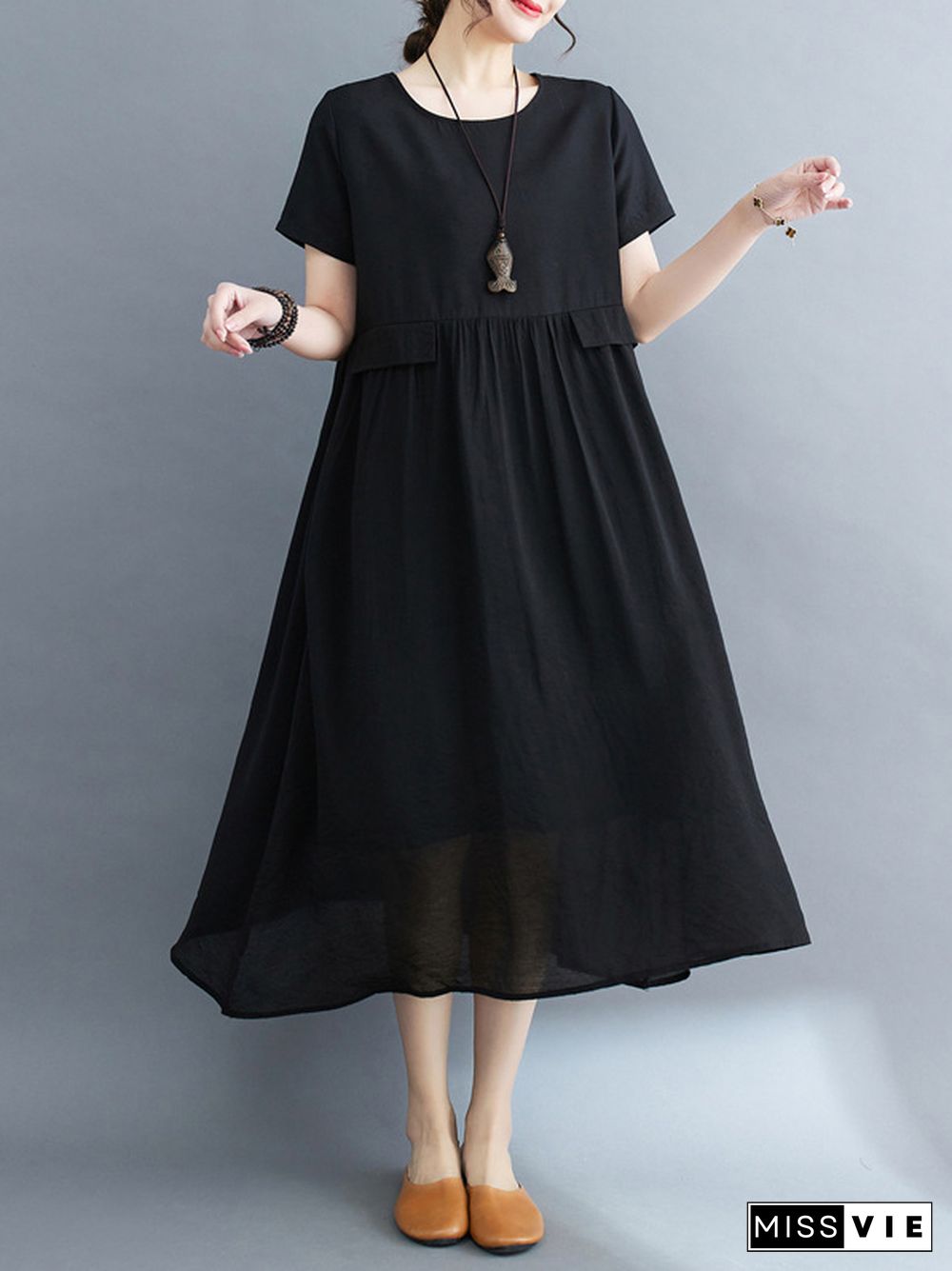 Loose Short Sleeves Gauze Solid Color Split-Joint Round-Neck Midi Dresses