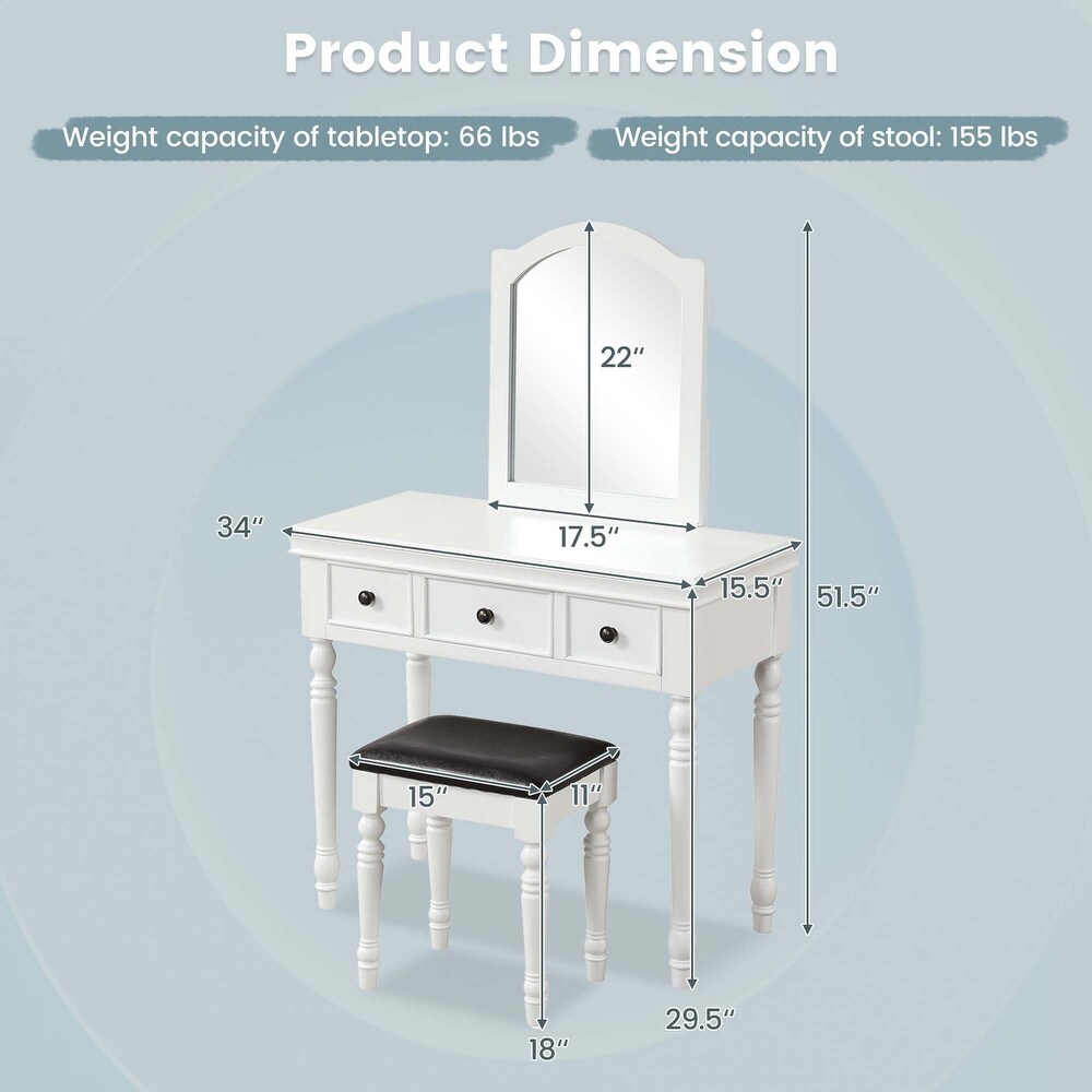 Costway Vanity Table Set Makeup Desk Cushioned Stool 3 Drawer Large   See Details