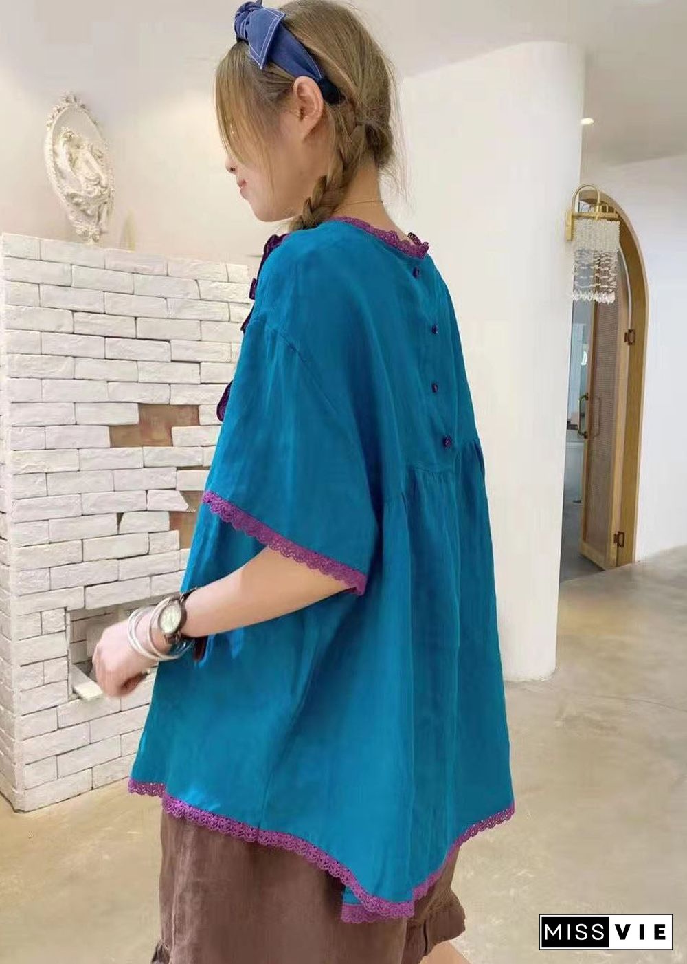 Style Blue Embroideried Patchwork Cotton Shirt Short Sleeve