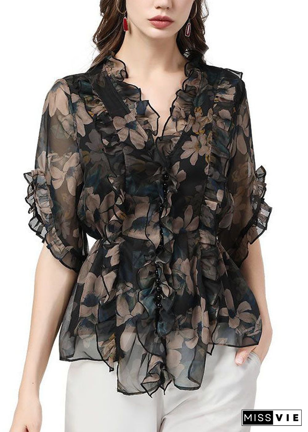 Unique Black Ruffled Patchwork Print Chiffon Blouse Top Summer