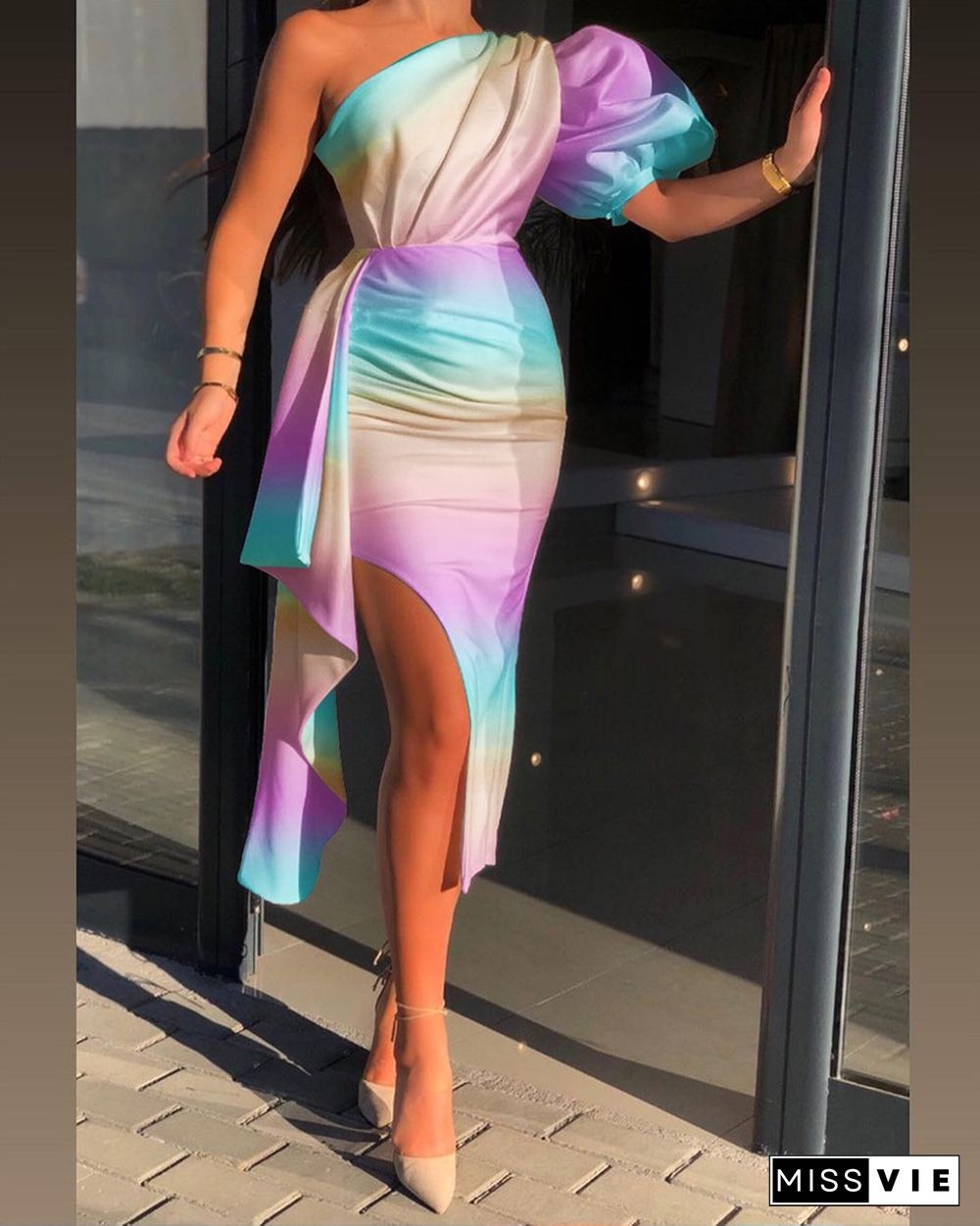 Ombre One Shoulder Puff Sleeve Split Thigh Bodycon Dress