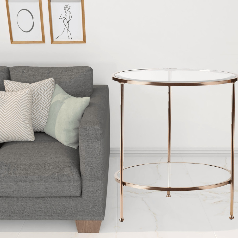 26 quotGold Glass And Iron Round End Table With Shelf   Contemporary   Side Tables And End Tables   by HomeRoots  Houzz